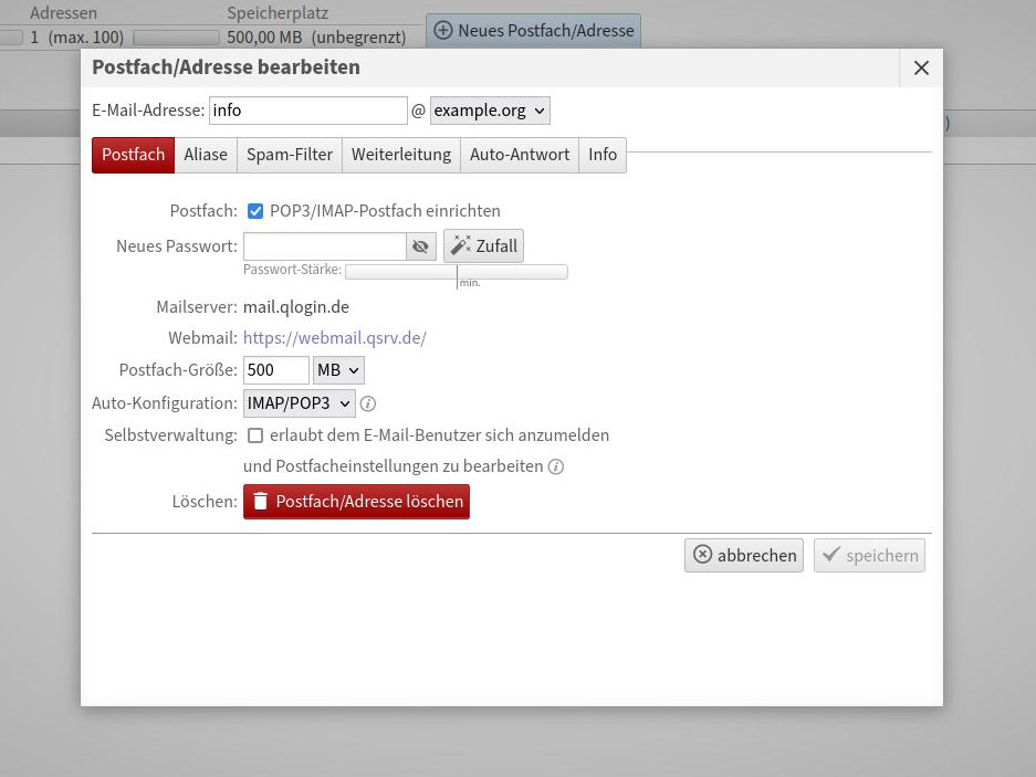 LiveConfig Mailpasswort setzen