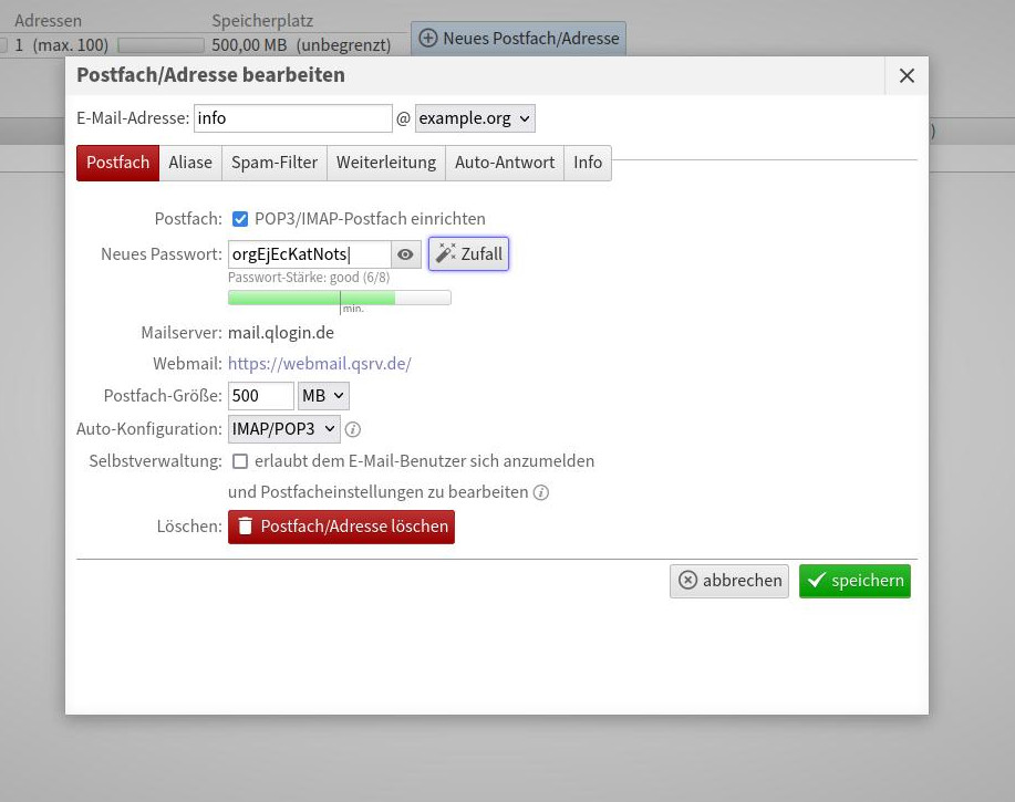 LiveConfig Mailpasswort setzen