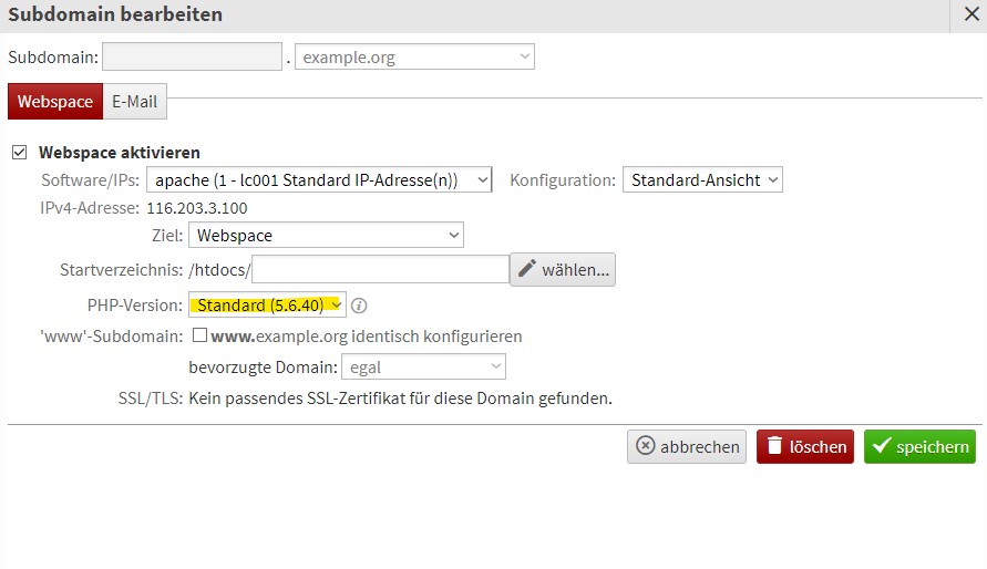 LiveConfig PHP Version setzen
