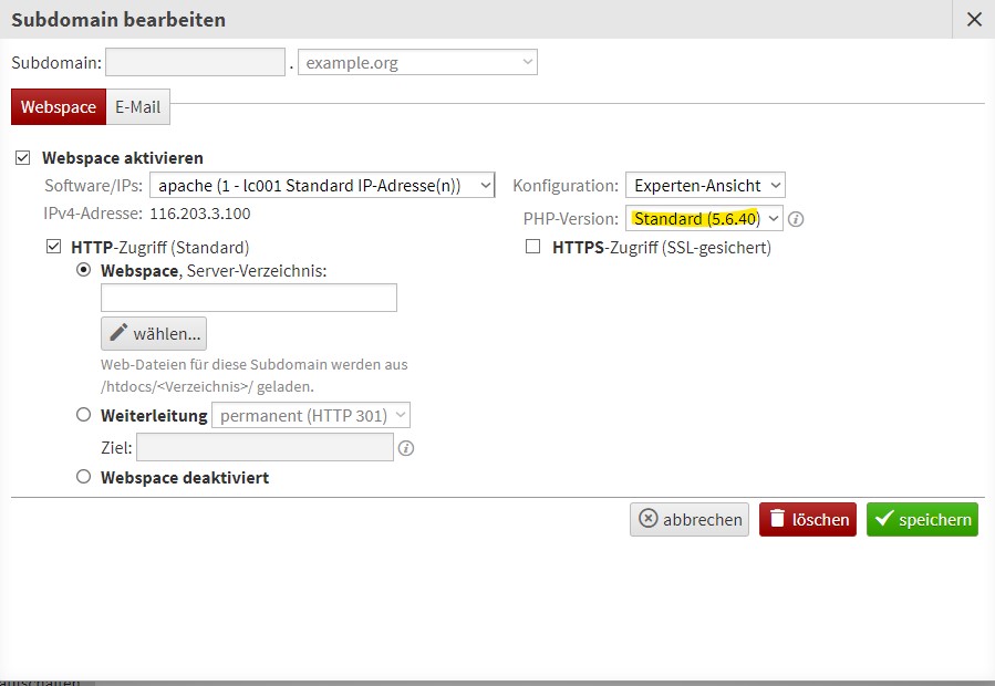 LiveConfig PHP Version setzen